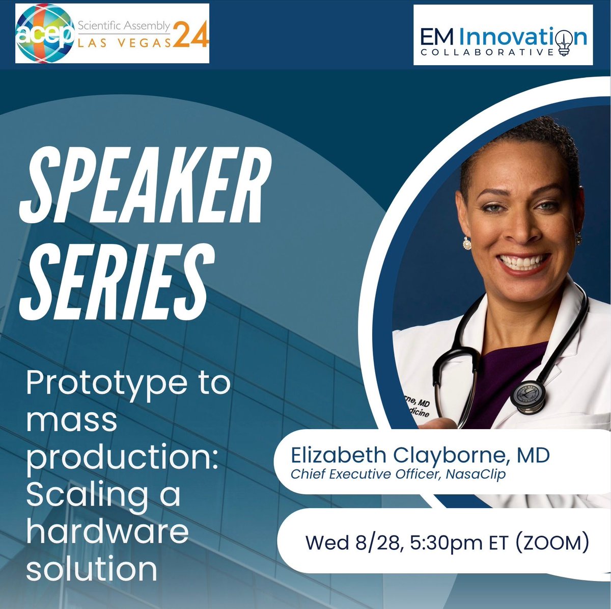 Emergency Medicine Innovation Collaborative (@emicollab) on Twitter photo Tune in Wednesday 8/28 at 5:30pm for our first Speaker series episode. This time covering how to go from prototype to mass production with Elizabeth Clayborne, MD, CEO of NasaClip(<a href="/DrElizPC/">Elizabeth P. Clayborne</a> ). Learn how to jump from 0-to-1 to 1-1,000,000!
Zoom Link: buff.ly/3XlGWA4 Tune in Wednesday 8/28 at 5:30pm for our first Speaker series episode. This time covering how to go from prototype to mass production with Elizabeth Clayborne, MD, CEO of NasaClip(<a href="/DrElizPC/">Elizabeth P. Clayborne</a> ). Learn how to jump from 0-to-1 to 1-1,000,000!
Zoom Link: buff.ly/3XlGWA4