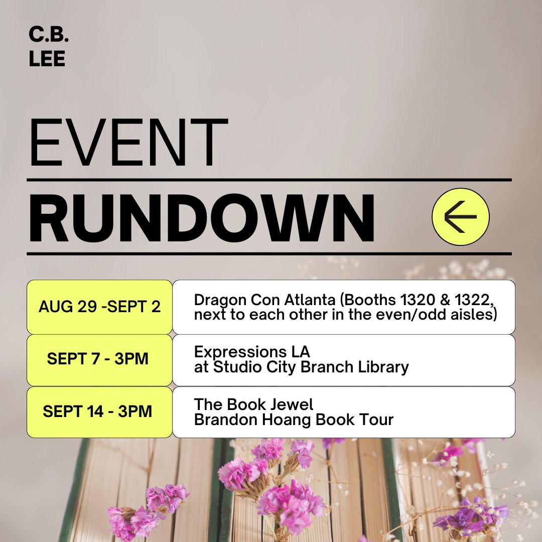 CB Lee (they/them) (@cblee_cblee) on Twitter photo 🎉 Starting with #DragonCon tomorrow in #Atlanta, and then rolling into Expressions LA and the #Book Jewel with Brandon Hoang. Will you be attending any of this events? I would love to see you there!
<a href="/BrandonHoang/">believeyourself</a>
cb-lee.com
#CBLee #books #author #yabooks 🎉 Starting with #DragonCon tomorrow in #Atlanta, and then rolling into Expressions LA and the #Book Jewel with Brandon Hoang. Will you be attending any of this events? I would love to see you there!
<a href="/BrandonHoang/">believeyourself</a>
cb-lee.com
#CBLee #books #author #yabooks