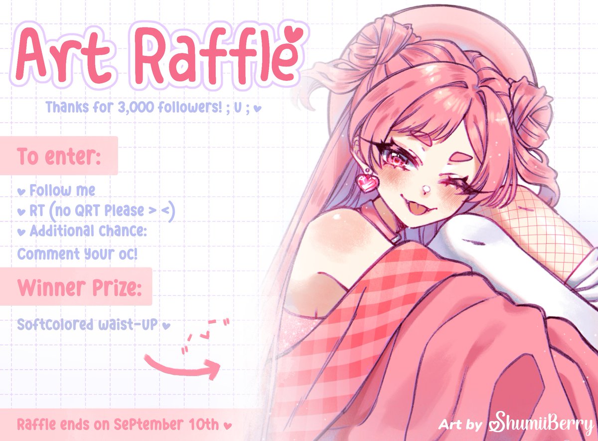 ⸻⸻
˚₊· 🎉 Art Raffle 🎉 ˚₊·
⸻⸻
I'm so happy we finally hit 3k  ; u ; ♡ I'll giveaway some cute art for you as a thank you ( ⸝⸝⸝⸝ )

꒰ Prize: 
• Soft colored waist-up ♡

꒰ To Enter: 
• follow me
• retweet (no QRT please &gt; &lt;)  

Ends on September 10th ♡