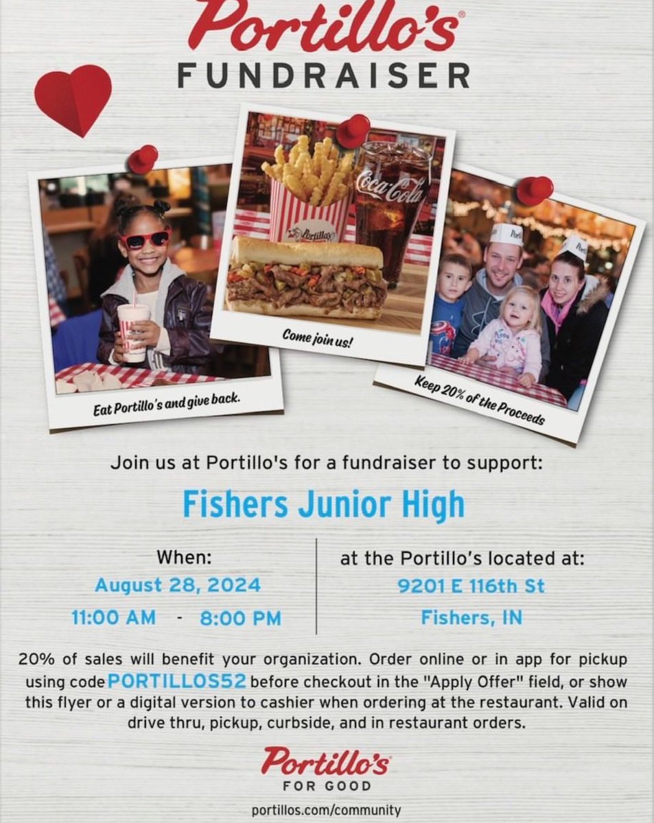 Dine to Donate tonight at Portillos. Help out the FJH PTO if you need dinner tonight.
