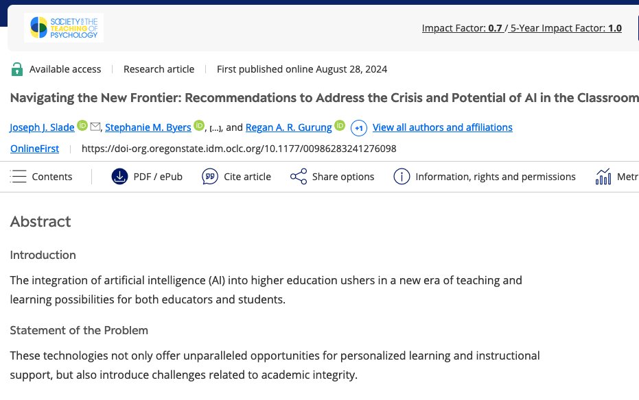Regan A. R. Gurung (He/HIs) (@reganargurung) on Twitter photo Hot off the Press!!! "This review of AI's impact on education and the discussion of teaching strategies underscore the need for a nuanced approach to integrating AI in the classroom...." with joseph slade stephanie byers <a href="/kbeckerblease/">Dr. Kathy Becker-Blease</a> <a href="/OregonState/">Oregon State University</a>
…-sagepub-com.oregonstate.idm.oclc.org/doi/full/10.11… Hot off the Press!!! "This review of AI's impact on education and the discussion of teaching strategies underscore the need for a nuanced approach to integrating AI in the classroom...." with joseph slade stephanie byers <a href="/kbeckerblease/">Dr. Kathy Becker-Blease</a> <a href="/OregonState/">Oregon State University</a>
…-sagepub-com.oregonstate.idm.oclc.org/doi/full/10.11…