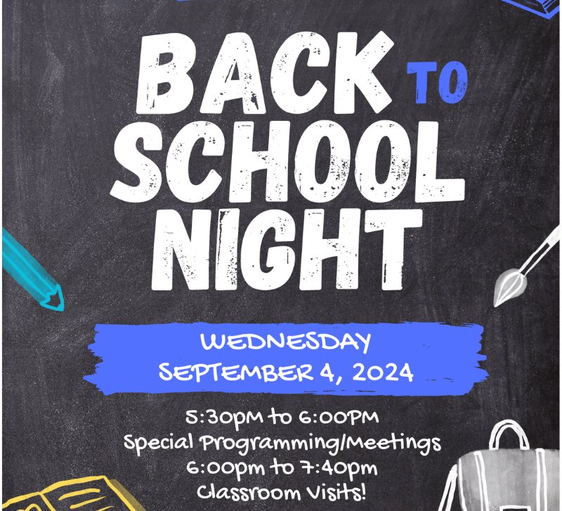 We’re excited to invite you to our Back to School Night, taking place on Wednesday, September 4th at 5:30 p.m. This is a wonderful opportunity to meet teachers, learn about this school year, and get a head start on upcoming events. We look forward to seeing you there!