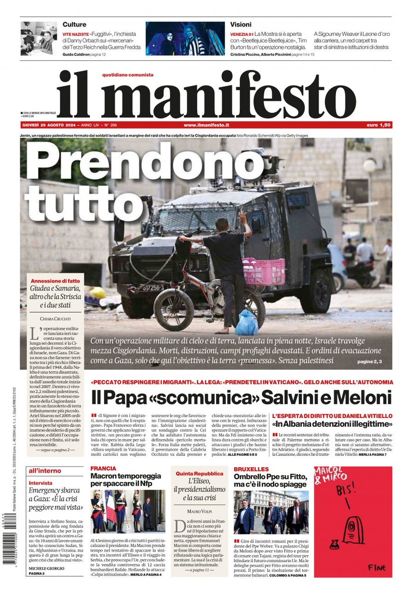 ilmanifesto's tweet photo. Con un’operazione militare di cielo e terra, lanciata in piena notte, Israele travolge mezza Cisgiordania. Morti, distruzioni, campi profughi devastati. E ordini di evacuazione come a Gaza, solo che qui l’obiettivo è la terra «promessa». Senza palestinesi

#29agosto #primapagina https://t.co/vCC7DPV0Ak