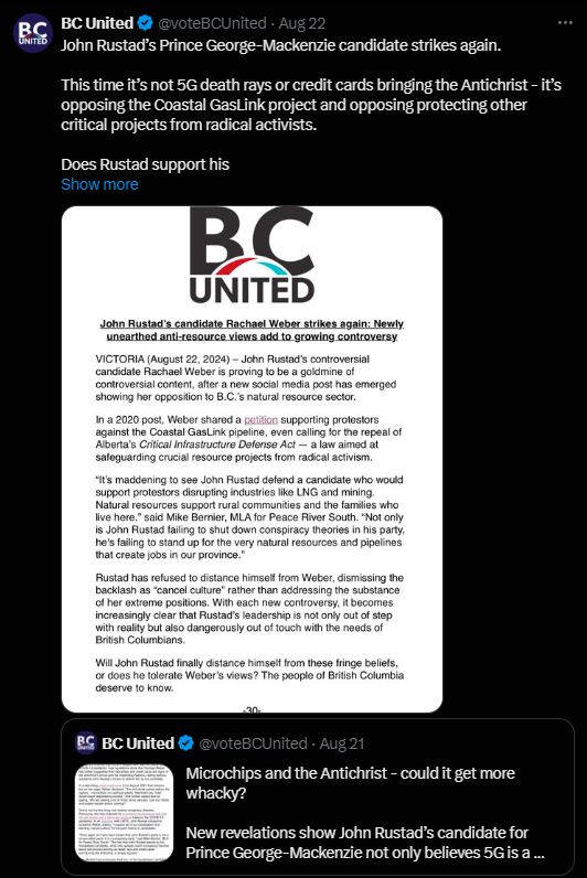 caitleerach's tweet image. The @voteBCUnited is telling people to rally behind climate-denying @Conservative_BC leader @JohnRustad4BC when just last week they were pointing out how wacky their candidates are... #classy