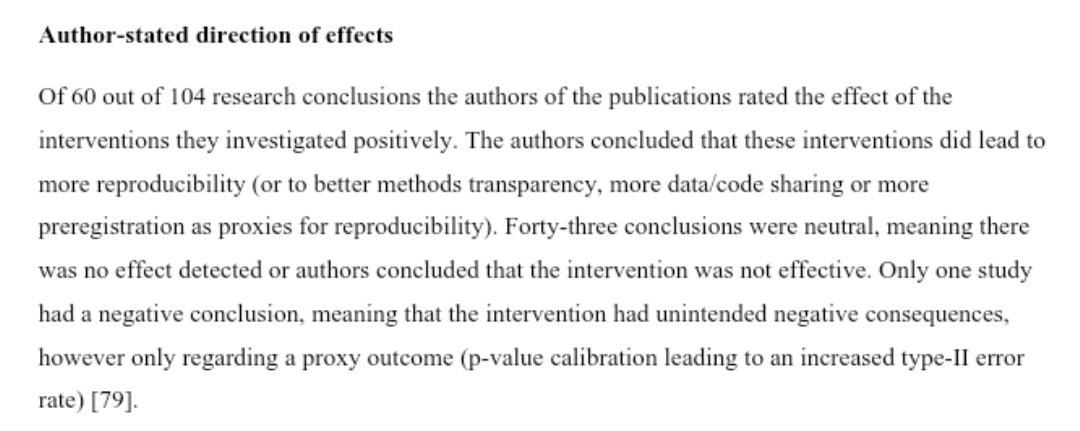 New scoping review by <a href="/DuddaLeonie/">Leonie Dudda</a> and colleagues shows that 60 our of 104 interventions to improve science revealed a positive effect, 43 interventions were neutral, and only 1 lead to an increase in Type 2 errors. osf.io/preprints/meta…
