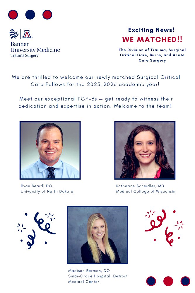 Welcome to the <a href="/AZTraumaCats/">UA Trauma</a> family 
The future of trauma surgery is strong 

Today is match day and we couldn’t be more proud to have these 3 part of our journey ❤️💙
#FellowshipOfTheSun ☀️ 🌵 🐻 👇