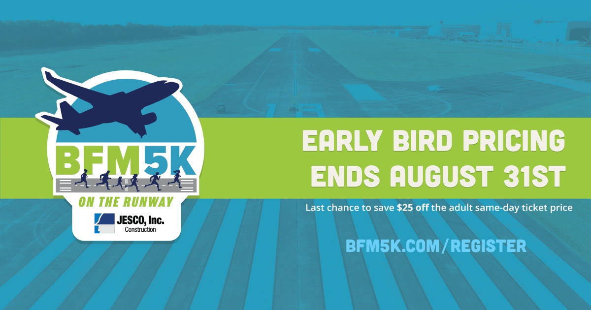 Tick-tock, runners! ⏰ The countdown is on to lock in your early bird rate for the BFM 5K on the Runway. Secure your spot by the end of the week and join us on the runway on October 5th! 🌟 Register now at bfm5k.com 

#BFM5K #SeeYouAtTheStartingLine