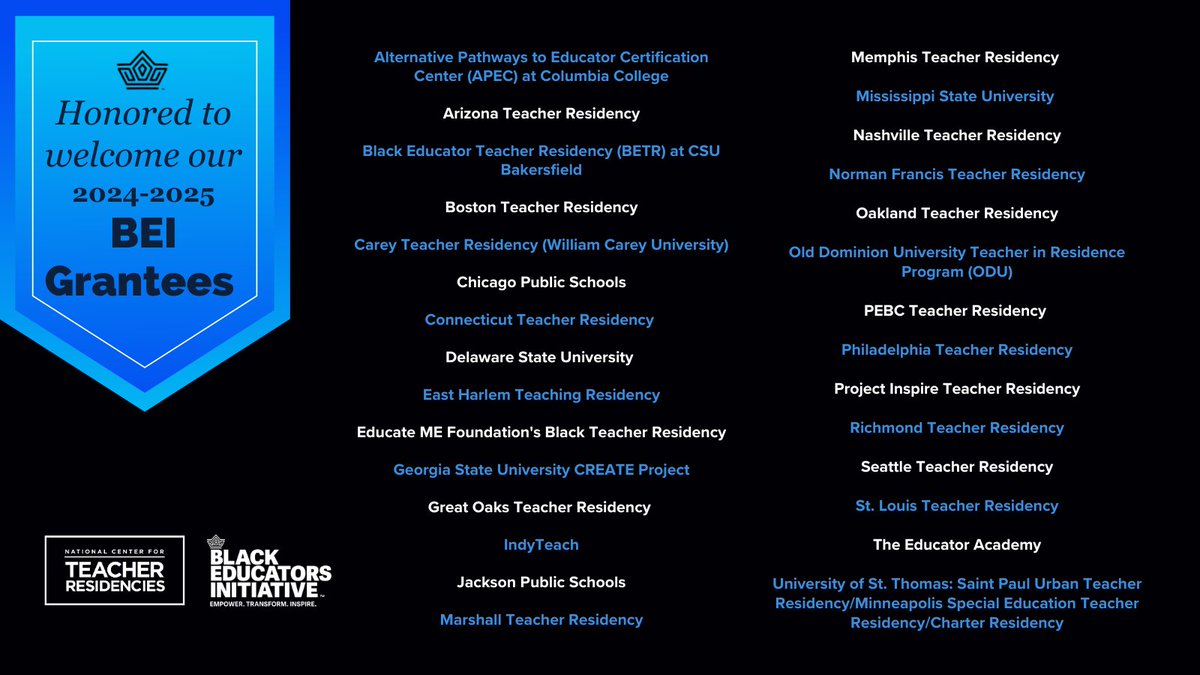We are honored to introduce the 2024-2025 BEI grantees! We are excited to welcome our teacher residency programs for this new academic year in support of recruiting, preparing, &amp; retaining #teachers for the classroom! 💙 🖤 💙  We invite you to learn more: bit.ly/3Z2T36j