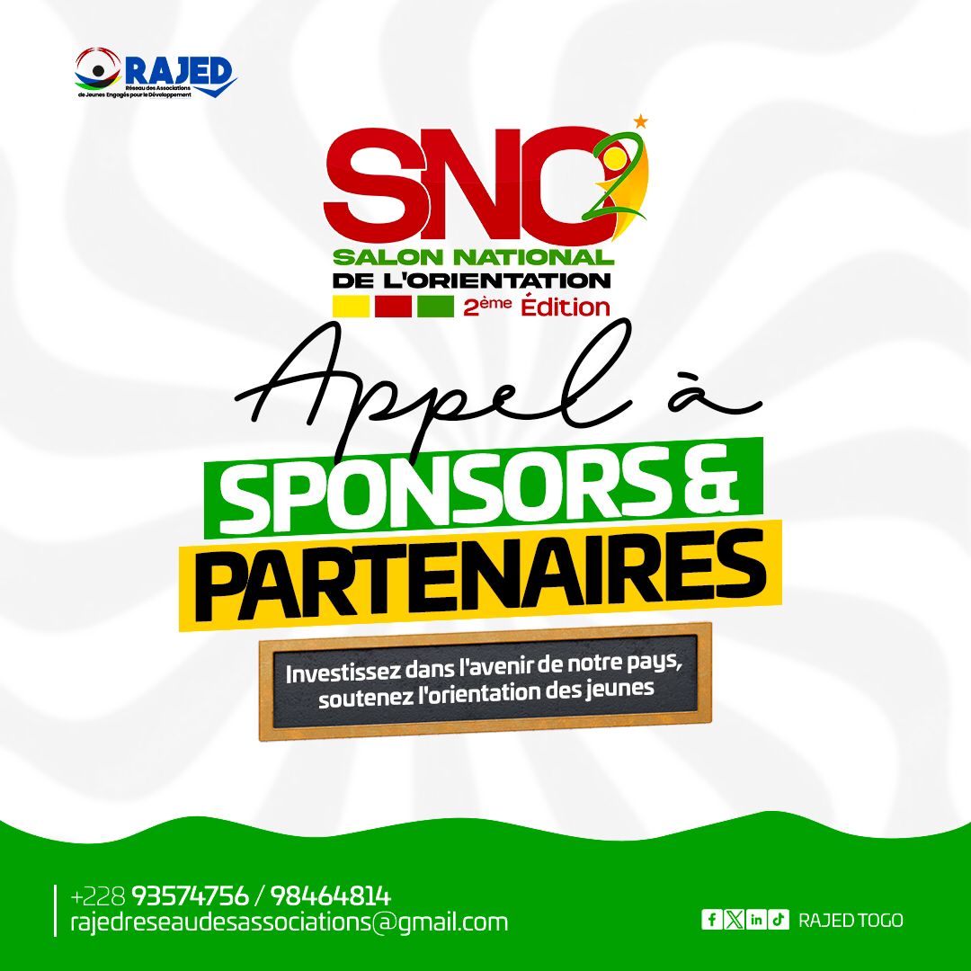 🔊INVESTISSEZ DANS L'AVENIR DU TOGO:DEVENEZ SPONSOR OU PARTENAIRE DU SNO 
En soutenant le Salon National de l'Orientation (SNO), vous pouvez faire une réelle différence dans la vie de ceux qui façonneront le Togo du futur.Rejoignez-nous pour faire briller les étoiles de demain!