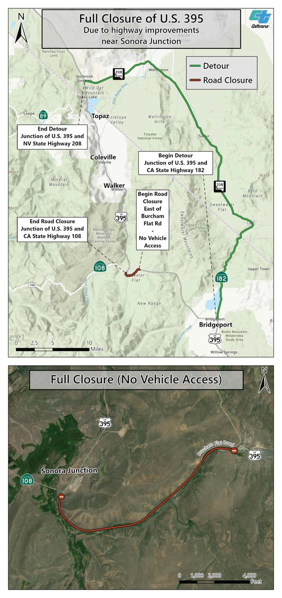 REMINDER: This is the detour for the closure of U.S. 395 that starts next week. If you're planning to visit Bridgeport, Twin Lakes, Walker, Coleville, or Topaz, those communities will be open and accessible.
More details on the closure can be found here: dot.ca.gov/caltrans-near-…