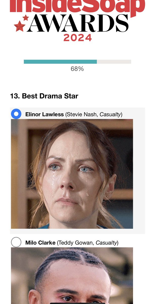 VickyVickstons1's tweet photo. Inside soap awards voting done @elinor_lawless for best drama star ⭐️ only wish I could have two votes as @Miloclarke1 would definitely have got my second vote, come on @BBCCasualty bring it home https://t.co/dYwPw1ubNt
