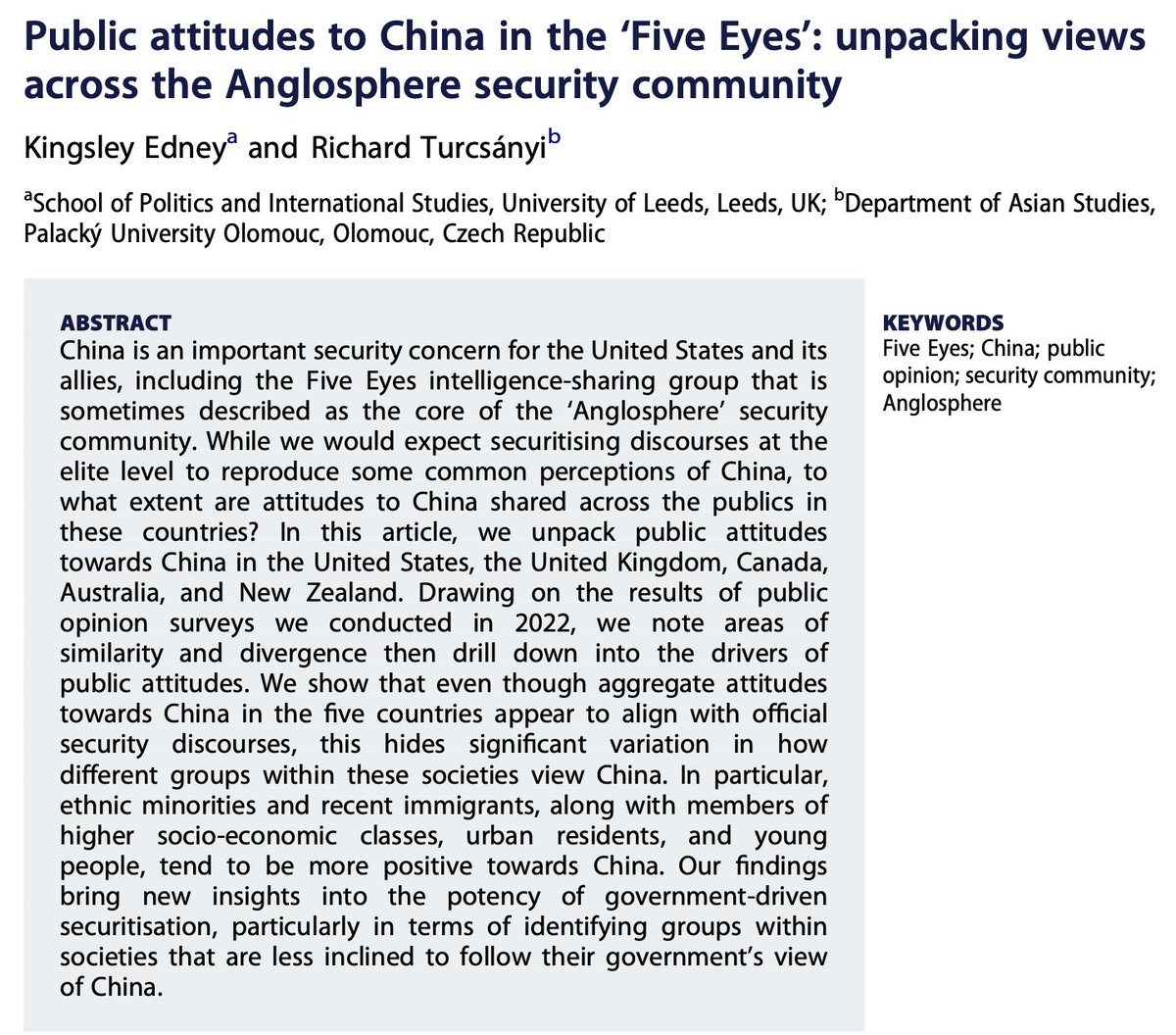 Australian Journal of International Affairs. (@austjia) on Twitter photo <a href="/spark_syd/">๐ง๐ฅ๐จ Prof Susan Park</a> Next paper is by @KingsleyEdney & <a href="/RQTurcsanyi/">Richard Turcsanyi</a> : "Public attitudes to China in the โFive Eyes': unpacking views across the Anglosphere security community", discussing variations in how different groups view China. shorturl.at/fLerG #openaccess /3 <a href="/spark_syd/">๐ง๐ฅ๐จ Prof Susan Park</a> Next paper is by @KingsleyEdney & <a href="/RQTurcsanyi/">Richard Turcsanyi</a> : "Public attitudes to China in the โFive Eyes': unpacking views across the Anglosphere security community", discussing variations in how different groups view China. shorturl.at/fLerG #openaccess /3