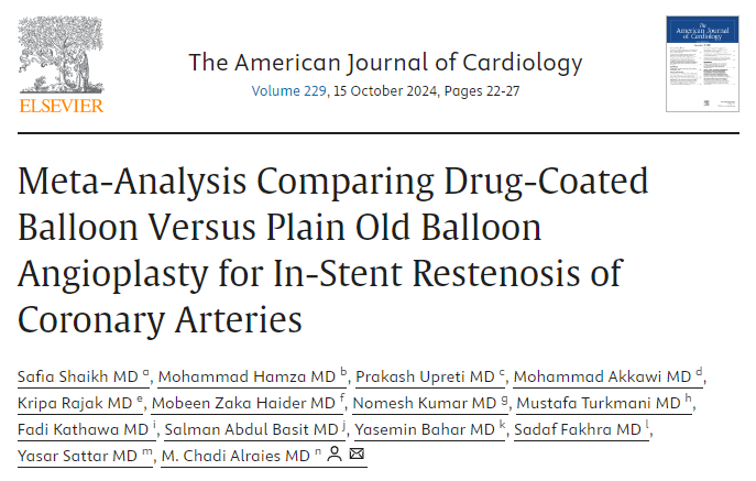 MCA Heart 🫀ﮩ٨ـﮩﮩ٨ـ (@mca_heart) on Twitter photo Our latest research, a meta-analysis comparing DCB vs. POBA for in-stent restenosis is published in <a href="/AmJCardio/">American Journal of Cardiology</a>. Congratulations to <a href="/DrSafiaShaikh/">Safia Shaikh</a> for leading this impactful project on interventional cardiology and the team <a href="/chadialraies/">Chadi Alraies, MD FACC FSCAI</a> <a href="/DryasarsattarMD/">Yasar sattar MD MS</a>
sciencedirect.com/science/articl…🩺 Our latest research, a meta-analysis comparing DCB vs. POBA for in-stent restenosis is published in <a href="/AmJCardio/">American Journal of Cardiology</a>. Congratulations to <a href="/DrSafiaShaikh/">Safia Shaikh</a> for leading this impactful project on interventional cardiology and the team <a href="/chadialraies/">Chadi Alraies, MD FACC FSCAI</a> <a href="/DryasarsattarMD/">Yasar sattar MD MS</a>
sciencedirect.com/science/articl…🩺