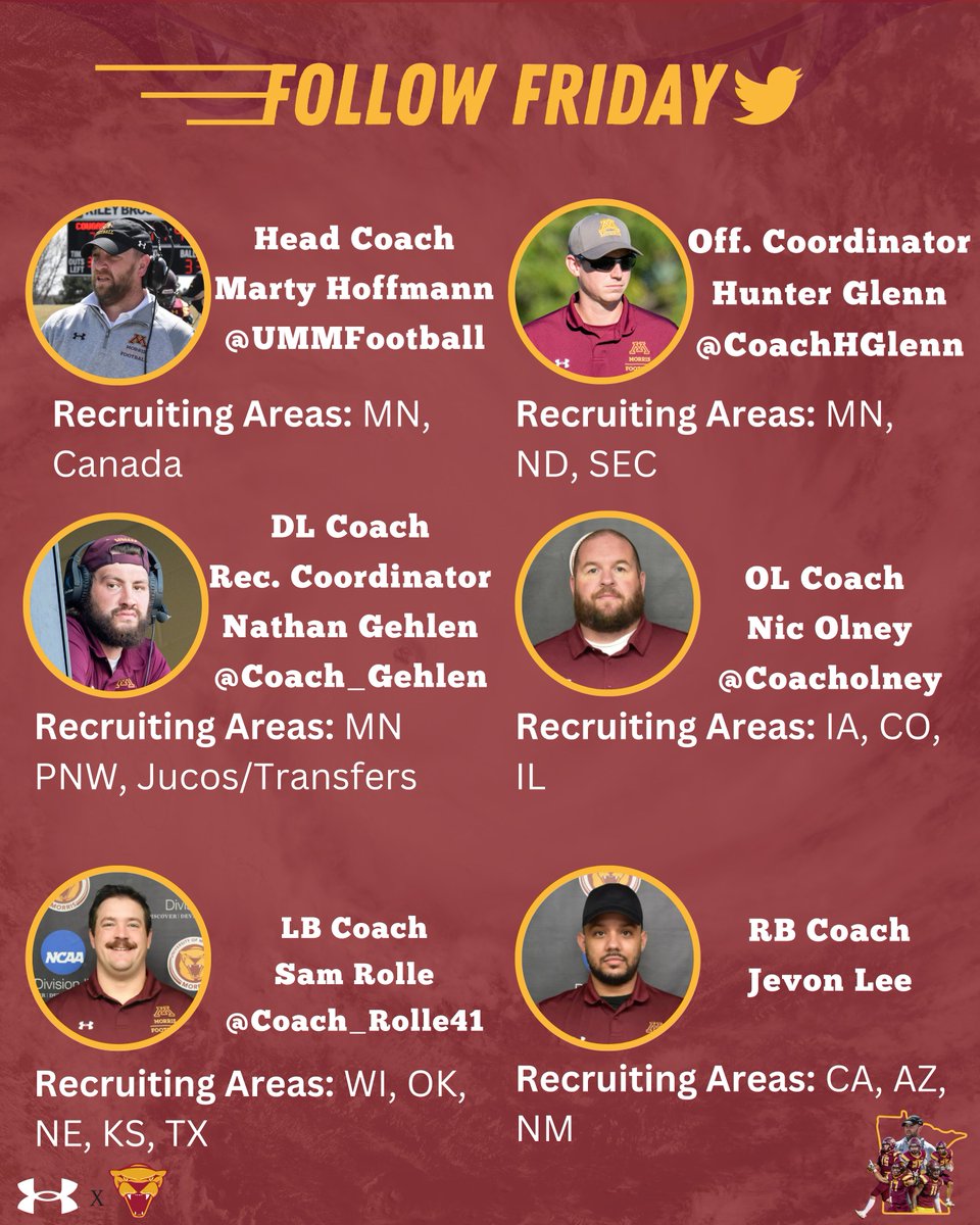 UMMFootball's tweet photo. 𝐅𝐨𝐥𝐥𝐨𝐰 𝐅𝐫𝐢𝐝𝐚𝐲 📲  

Ensure you follow all our coaches to keep up with all the Cougar Football news!  

#TEAM #RollCougs🐾 https://t.co/9aTDQarys8