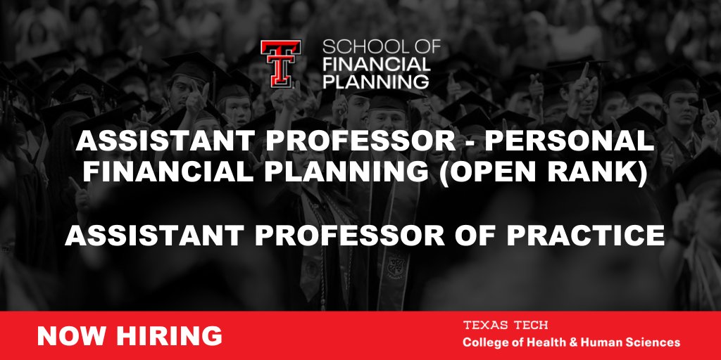 We are hiring for two faculty positions at Texas Tech! 

1. Assistant Professor - Personal Financial Planning (Open Rank)
Req#38380 tinyurl.com/2ck4arzu

2. Assistant Professor of Practice
Req#38381 tinyurl.com/2n8hd6mp