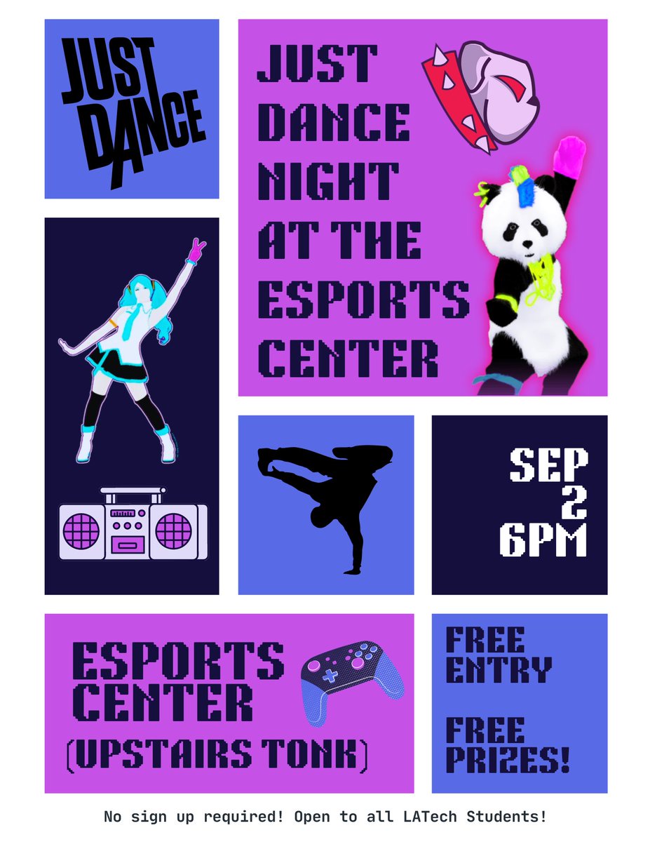 Come out and enjoy a night of dancing and fun at the esports center with free prizes! We will be playing Just Dance Now, streamed on a large projector, and all players will need to download the Just Dance Now app on their phones for scoring. This event is free for all students!