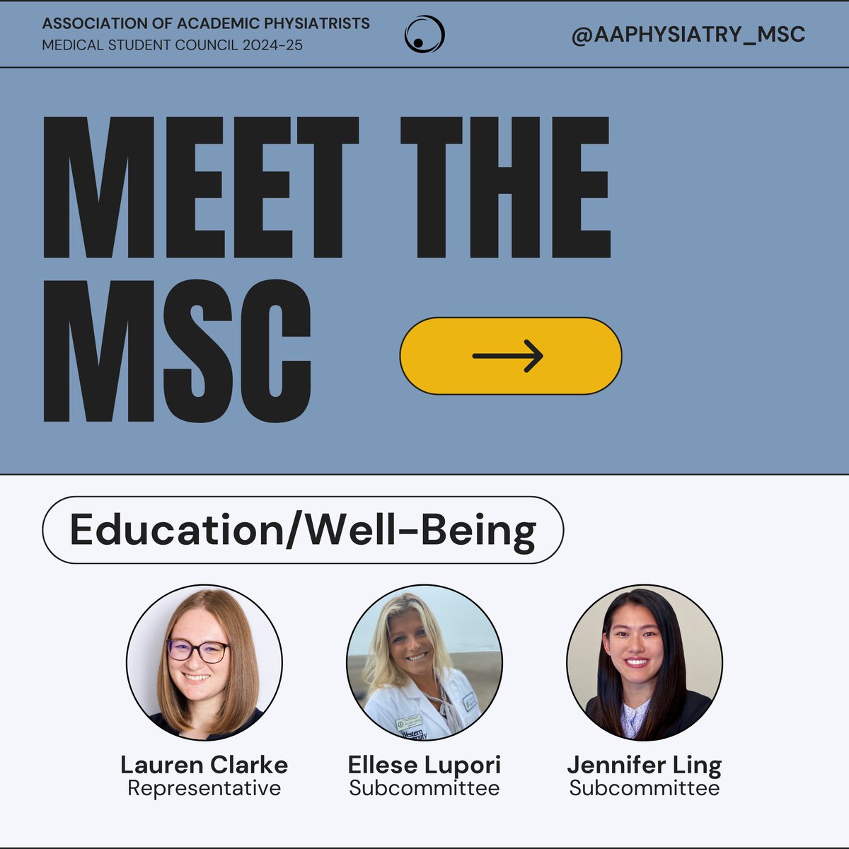 AAPhysiatry_MSC's tweet photo. Our next MSC spotlight is the Education/Well-Being Committee: Lauren Clarke @LaurenClarkeMHA, Ellese Lupori @ellese_lupori &amp; Jennifer Ling @jen_ling168!

They're here to keep both heads + hearts full, so read more about them (&amp; submit to Wellness Wed!) ☺️ #MeetTheMSC #Physiatry https://t.co/WhvNf5oTXn
