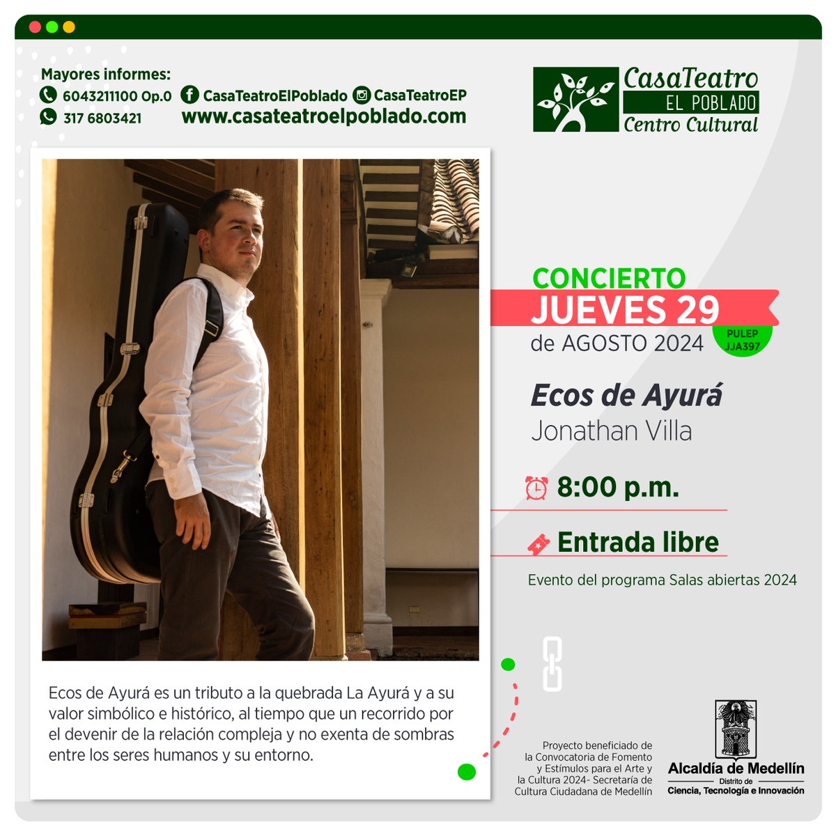 Entrada libre.

Las boletas se entregan desde las 7pm en la taquilla del teatro el día del concierto