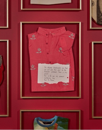 Attentive visitors will find this meaningful tribute nestled in “Life Is Beautiful” at #SCADFASH.

Manish Arora celebrates his late friend, Catherine Levy, in this display anchored by her shirt and this hand-written note designed and written by Arora.