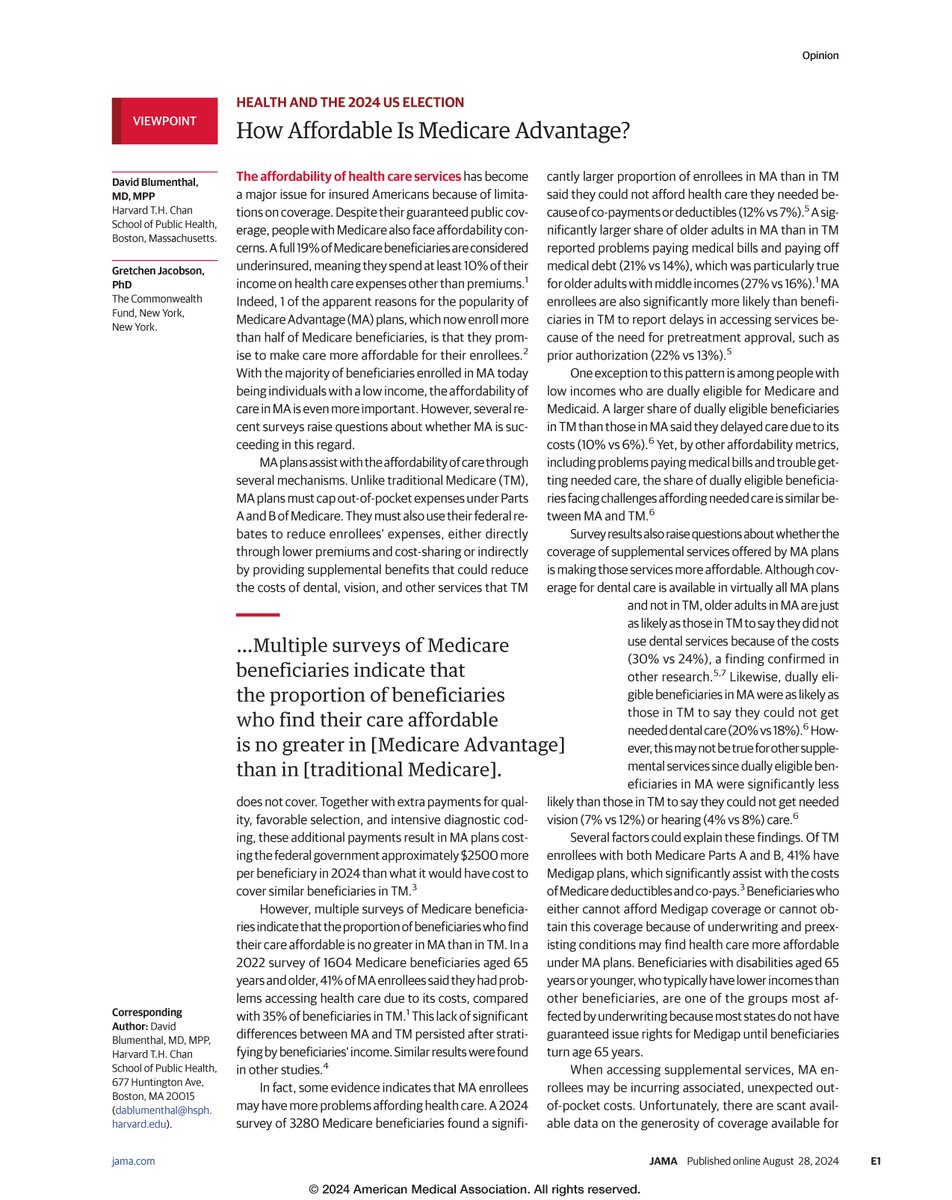 JAMA (@jama_current) on Twitter photo In this Viewpoint, <a href="/DavidBlumenthal/">David Blumenthal</a> and <a href="/GretchJacob/">Gretchen Jacobson</a> explore the affordability of health care services for Medicare Advantage vs traditional Medicare beneficiaries. ja.ma/3T8q8tQ In this Viewpoint, <a href="/DavidBlumenthal/">David Blumenthal</a> and <a href="/GretchJacob/">Gretchen Jacobson</a> explore the affordability of health care services for Medicare Advantage vs traditional Medicare beneficiaries. ja.ma/3T8q8tQ