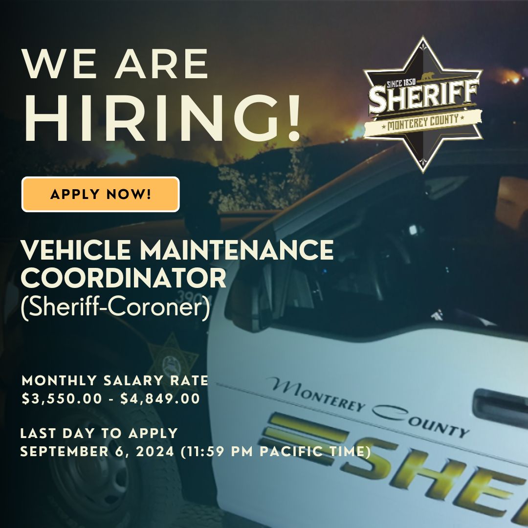Now Hiring: Vehicle Maintenance Coordinator

Apply Today: governmentjobs.com/careers/monter…

Monthly Salary: $3,550 - $4,849

Last Day to Apply: September 6, 2024 (11:59 PM Pacific Time)