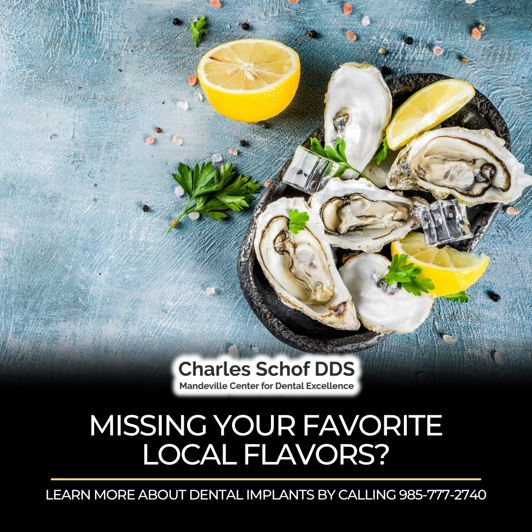 schof_dds's tweet photo. When dental function keeps you from your favorite local foods, it is time give us a call. Hybridge dental implants are a lasting solution to restore your smile function and aesthetic. Enjoy those chewy oysters this fall! 😁 

#mandeville #charlesschofdds #louisiana #dentist https://t.co/nHqnO4z56J
