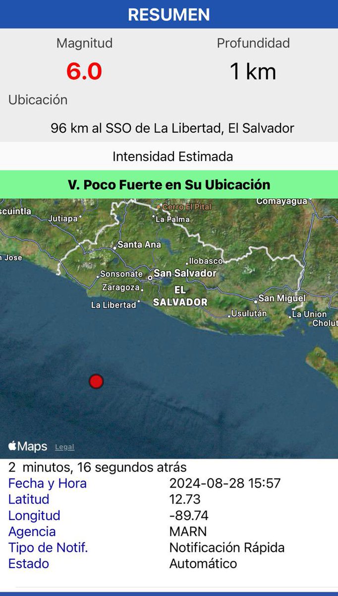 nayibbukele's tweet photo. 6.0
96 km al SSO de La Libertad, El Salvador. https://t.co/VSJCxa1DFu