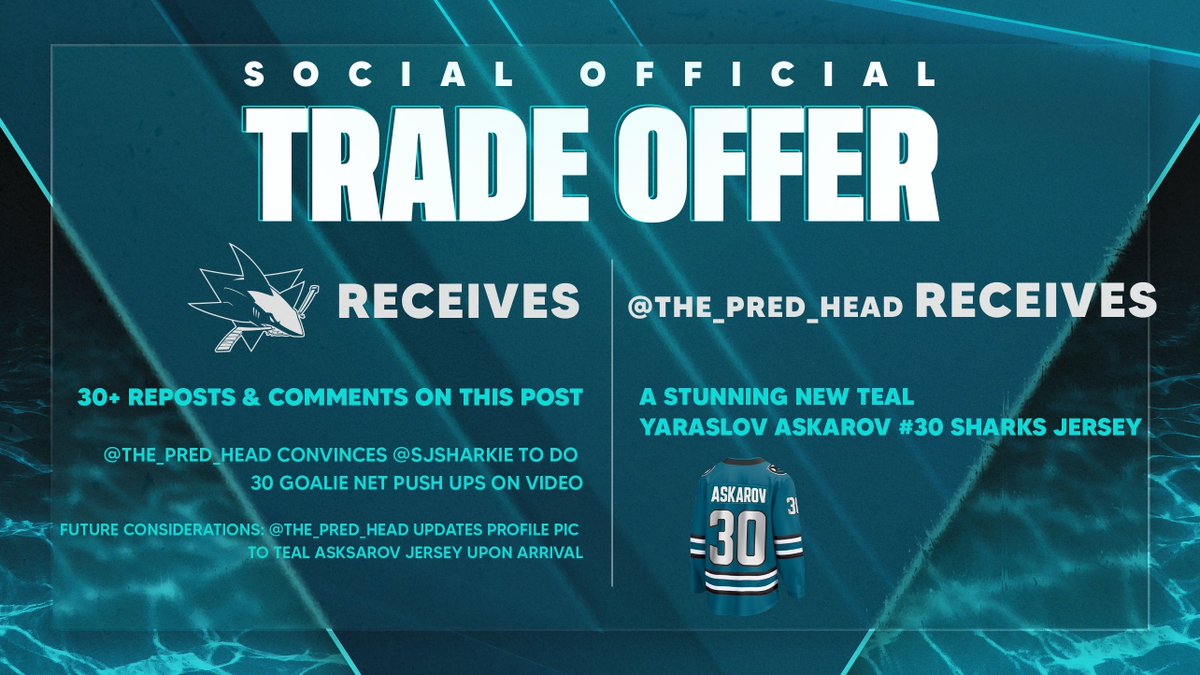 SanJoseSharks's tweet photo. We surrender! Happy to share that Yaroslav Askarov will wear #30 in Teal. Available today: https://t.co/LTrlJ3rD1u

Our trade offer...🔁 https://t.co/PZ1sRn2ZOb