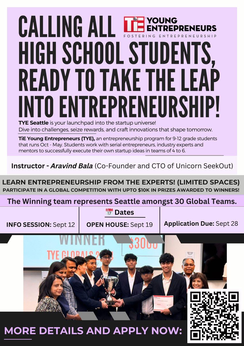 TYE TiE Young Entrepreneur Application is out for 2024-25 cohort. Calling all high school students. 
Open House September 19th 2024. Check out more details and apply today 
events.tie.org/TiEYoungEntrep…
