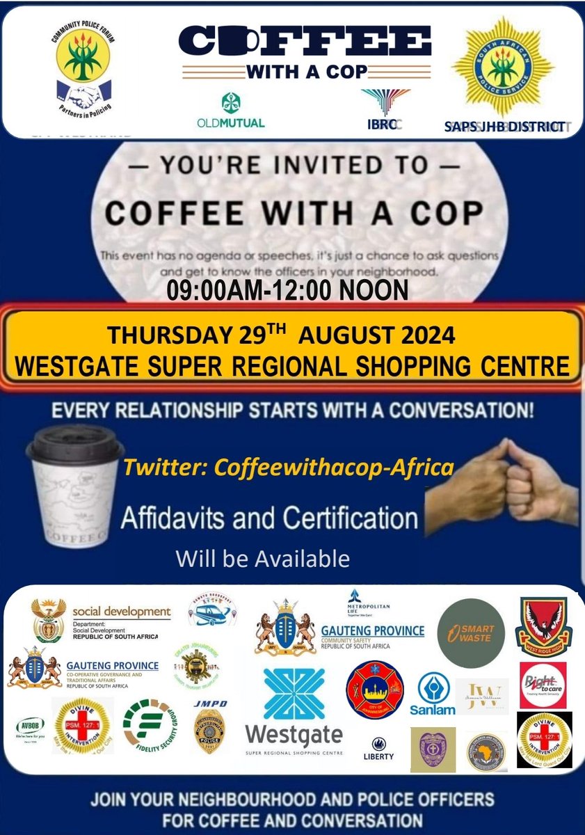 Community-Focused  lets come together over coffee join us for an open &amp; friendly conversation with our Police officers..it's a great way to strengthen our community bonds &amp; share our thoughts..#sapsHQ <a href="/CoffeewithaCop/">Coffee with a Cop</a> <a href="/HaqueAbs/">Abs Haque</a> <a href="/olivieri_ppd/">Chief Michael Olivieri</a> <a href="/PoliceUg/">Uganda Police Force</a> <a href="/HawthornePD/">Hawthorne Police</a> <a href="/KPSouthsubnDiv/">DCP JADAVPUR DIV KOLKATA</a>
