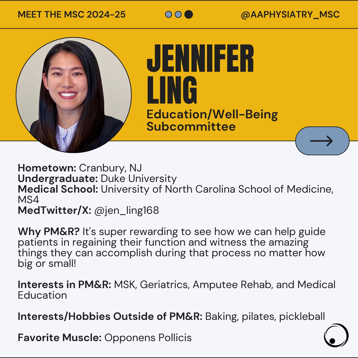 AAP Medical Student Council PM&R (@aaphysiatry_msc) on Twitter photo Meet the AAP Medical Student Council - Jennifer Ling <a href="/jen_ling168/">Jennifer Ling</a>, Education/Well-Being Subcommittee
#MeetTheMSC #Physiatry Meet the AAP Medical Student Council - Jennifer Ling <a href="/jen_ling168/">Jennifer Ling</a>, Education/Well-Being Subcommittee
#MeetTheMSC #Physiatry