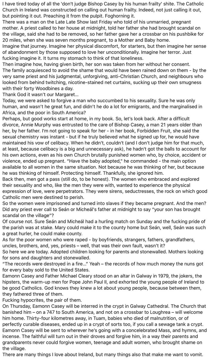 I replied to a few people this week after the #Stolen film on <a href="/RTEOne/">RTÉ One</a> with this screen grab, and forgot to mention I wrote it on FB, on the day Eamon Casey died. 
It sums up everything I feel about the reprehensible past of this country. 🇮🇪