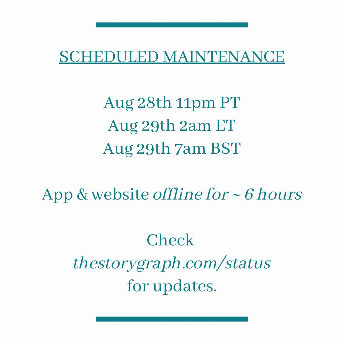 We will soon be undergoing essential maintenance work, starting from Aug 28th 11pm PT / Aug 29th 2am ET.

The app and website will be unavailable for approximately 6 hours. 

If you use the app, please update to the latest version to ensure the best maintenance mode experience!