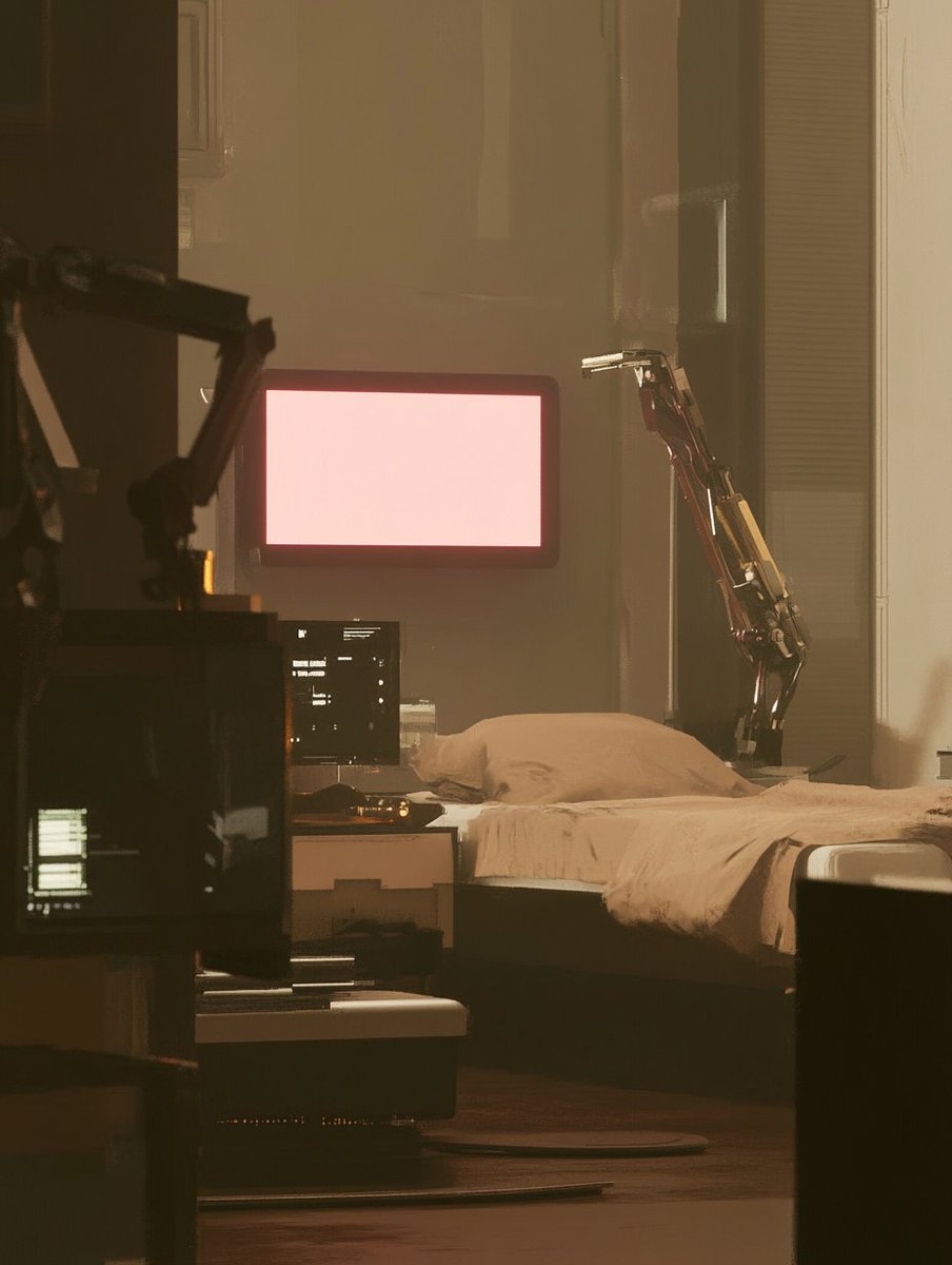 morphrAI's tweet image. Prompts made with @morphrAI
Images  @midjourney
#Srefs : --sref 1354685893

Prompt below 🛏️

anime-inspired 3d render style, cybernetic solitude, high-tech bedroom pod with occupant bathed in holographic light, surrounded by floating screens and robotic arms, neon signs…