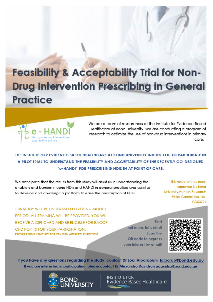 GoldNet Research (@goldnetresearch) on Twitter photo The <a href="/Institute4EBH/">Institute for Evidence-Based Healthcare</a> are seeking GPs interested in testing software designed by GPs for GPs: e-HANDI (Handbook of Non-Drug Interventions) to improve the prescription of non-drug interventions in primary care. For more info: goldnetresearch.com.au/e-handi The <a href="/Institute4EBH/">Institute for Evidence-Based Healthcare</a> are seeking GPs interested in testing software designed by GPs for GPs: e-HANDI (Handbook of Non-Drug Interventions) to improve the prescription of non-drug interventions in primary care. For more info: goldnetresearch.com.au/e-handi