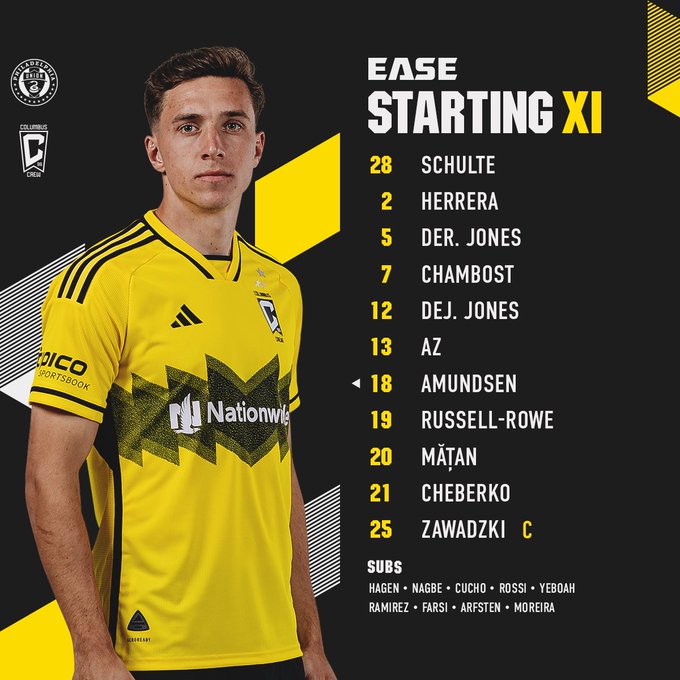 Columbus Crew Starting XI vs. Philadelphia Union: 28 Schulte, 2 Herrera, 5 Der. Jones, 7 Chambost, 12 Dej. Jones, 13 AZ, 18 Amundsen, 19 Russell-Rowe, 20 Mățan, 21 Cheberko, 25 Zawadzki (C). Subs: Hagen, Nagbe, Cucho, Rossi, Yeboah, Ramirez, Farsi, Arfsten, Moreira.