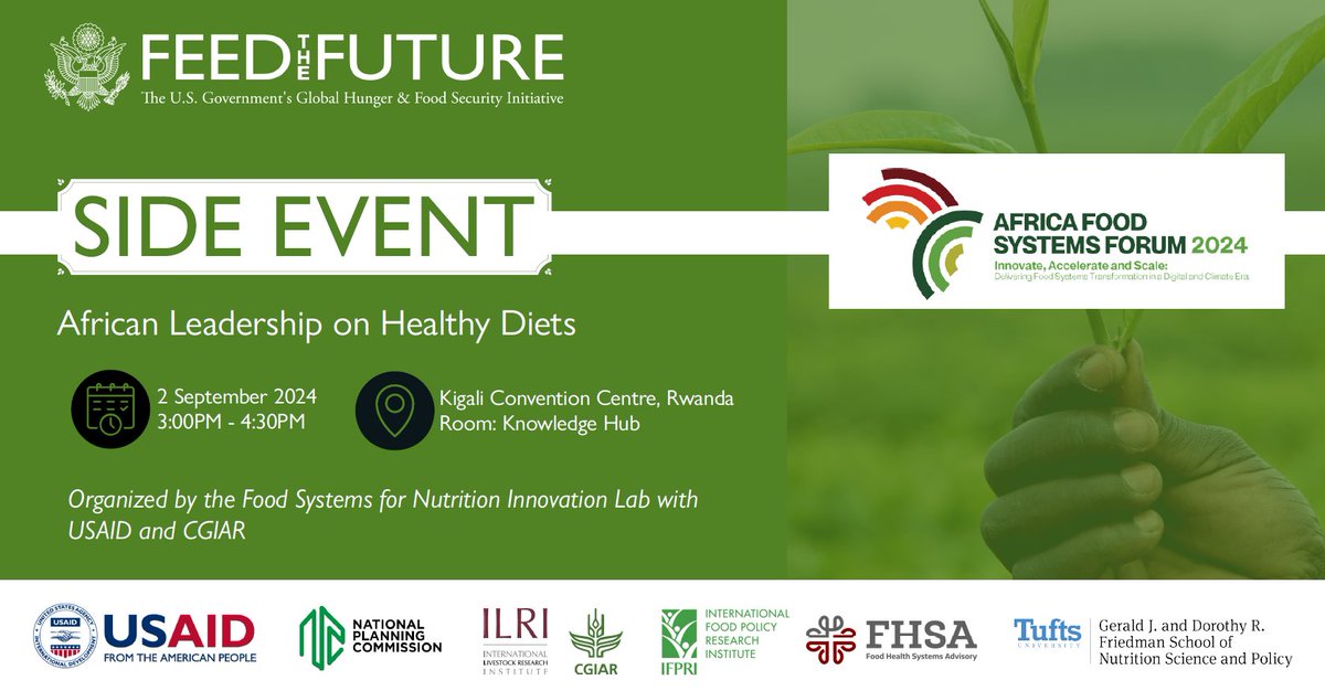 🎉Another #AFSForum2024 #SideEvent:

FSN-IL, in collaboration with <a href="/USAID/">USAID</a> and <a href="/CGIAR/">CGIAR</a>, will discuss "African Leadership on Healthy Diets" on Sept. 2 at 3pm in the Knowledge Hub tent.

We look forward to seeing you there! Please share this announcement widely with your networks ‼️