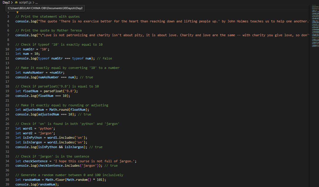 beutech_codes's tweet image. 🌟 Day 2 of #30DaysOfJavaScript 🌟
Today, I explored string manipulation in JS! 🚀
Check out my latest code snippet below.
#JavaScript #Codewithme #WebDev #Programming #LearnToCode #30days