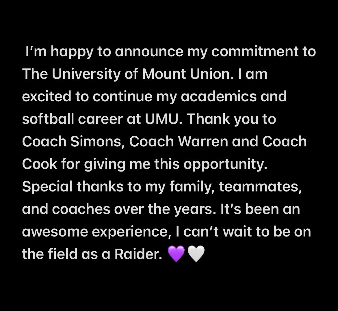 Ariana Simpson (@arianasimpson34) on Twitter photo So grateful and excited!! 💜🤍<a href="/UMU_Softball/">University of Mount Union Softball</a> <a href="/LasersScarlet07/">Ohio Lasers Scarlet 07</a> So grateful and excited!! 💜🤍<a href="/UMU_Softball/">University of Mount Union Softball</a> <a href="/LasersScarlet07/">Ohio Lasers Scarlet 07</a>