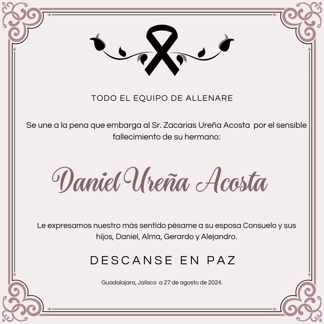 allenare's tweet photo. Todo el equipo Allenare manda un fuerte abrazo al Sr. Zacarias Ureña Acosta. Nuestras condolencias a sus familiares. https://t.co/gftigVXl6H