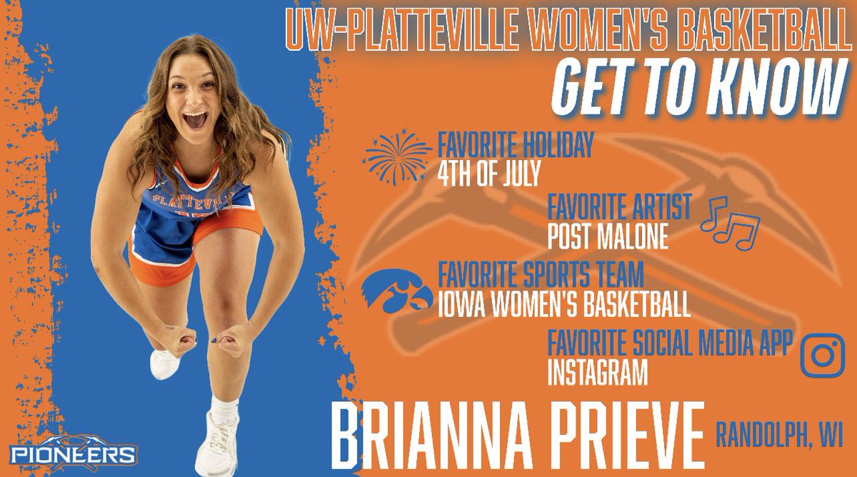 UW-Platteville Womenโs Basketball (@uwplattwbb) on Twitter photo ๐ข๐๐ ๐๐ ๐ฆ๐๐๐: Brianna Prieve!
โข5โ9 Senior Guard ๐
โขMajoring in Health & Human Performance ๐
Also, her favorite movie is Grease, go-to sports drink is Red Powerade Zero & she hopes to become a Physical Education Teacher after college!
#BeImpactful๐ธ#SwingTheAxe โ ๐ข๐๐ ๐๐ ๐ฆ๐๐๐: Brianna Prieve!
โข5โ9 Senior Guard ๐
โขMajoring in Health & Human Performance ๐
Also, her favorite movie is Grease, go-to sports drink is Red Powerade Zero & she hopes to become a Physical Education Teacher after college!
#BeImpactful๐ธ#SwingTheAxe โ