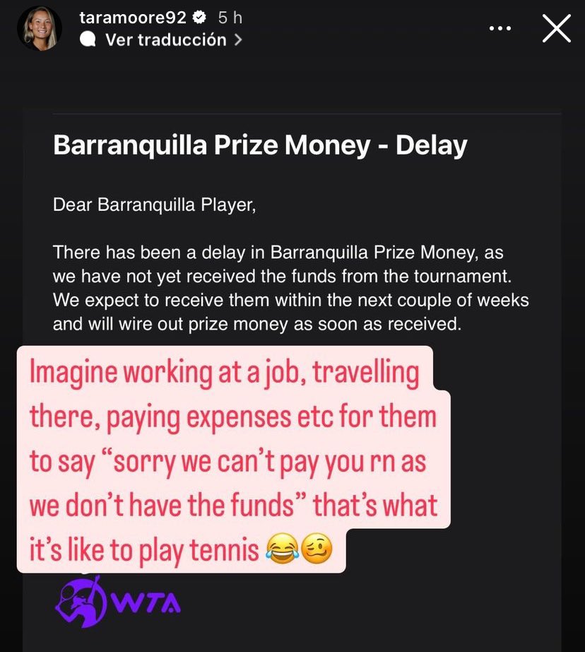 fabianv_'s tweet image. La tenista británica Tara Moore, que estuvo en el WTA 125 de Barranquilla, acaba de poner esta historia que lastimosamente deja mal parado al torneo. 

Enviaron un correo desde WTA diciendo que el pago del prize money está demorado, ya que no han recibido el dinero del evento.