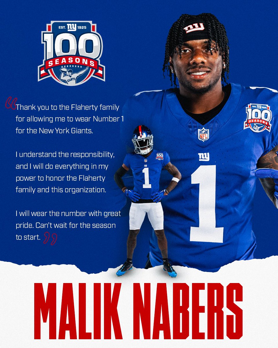 Giants's tweet image. With permission from the family of Giants legend Ray Flaherty, Malik Nabers will wear No. 1. 

Flaherty's number was the first to be retired in Pro Football History. 

#Giants100