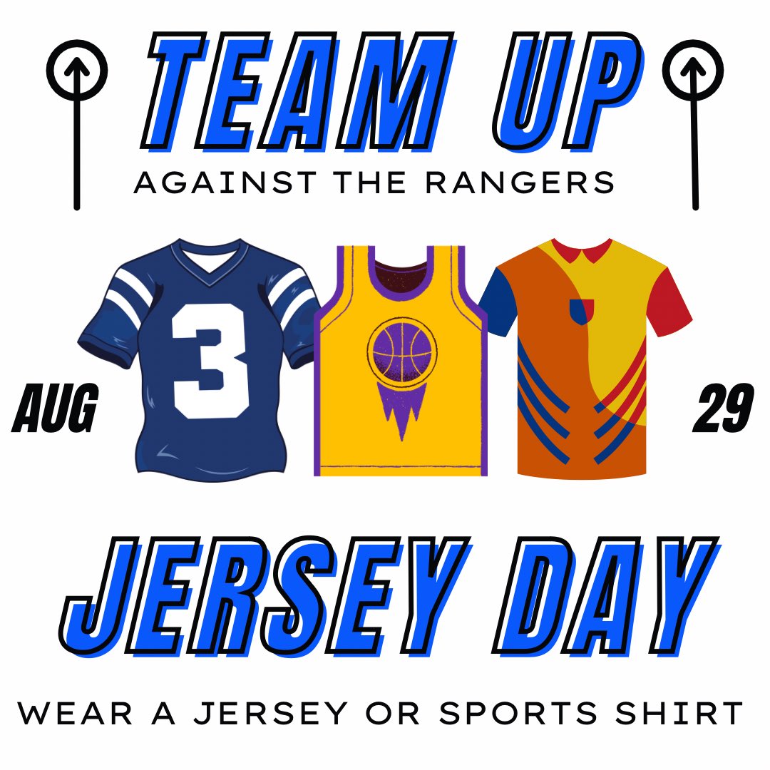 🏆JERSEY DAY🏆

Team ⬆️ against the Rangers and wear a jersey or team shirt on Thursday 8/29!