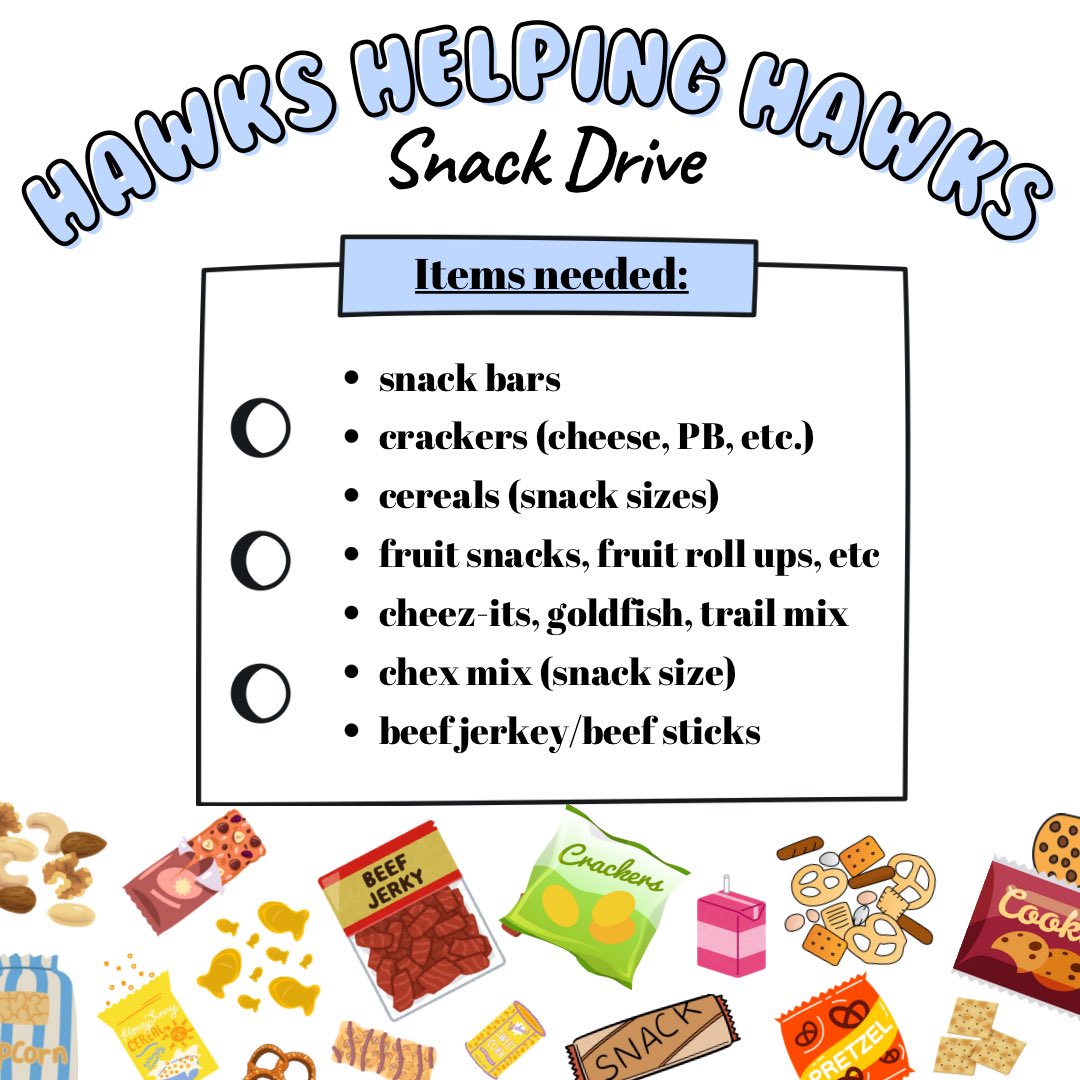 Hawks Helping Hawks snack drive!

FRESHMAN ➡️ Bring items to room 135

**5 StuCo points per box of snacks**