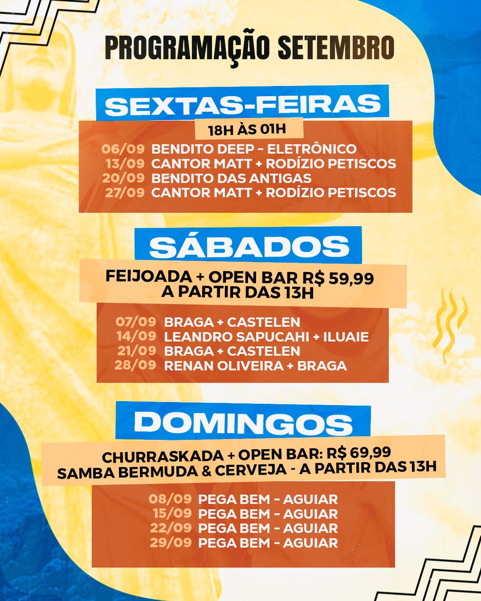 PROGRAMAÇÃO SETEMBRO • #VemProBendito

Comemore o seu aniversário aqui!🎉
Entre em contato pelo nosso WhatsApp:
📲 (21) 99536-2747 

⚽️Transmissão dos jogos ao vivo.
💛Espaço Kids

📍Av. Prudente de Moraes, 575 - Vila São Luís. Duque de Caxias.