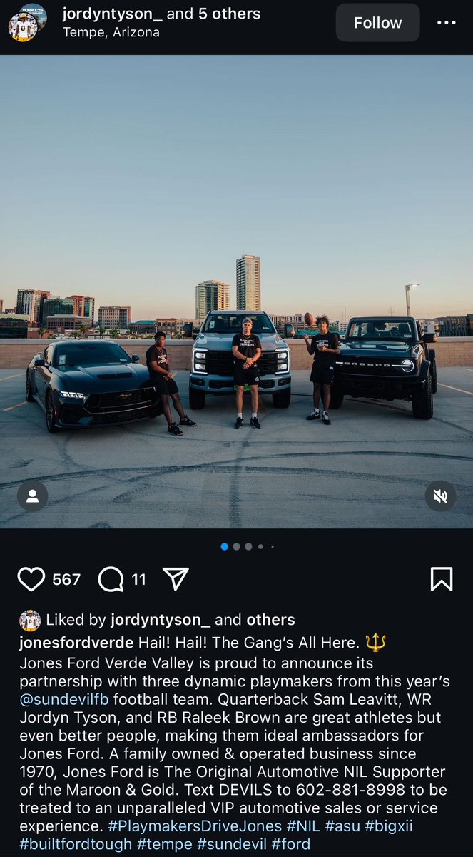 nice NIL deal with <a href="/JonesFordVerde/">Jones Ford Verde Valley</a> for asu footballers sam leavitt, jordyn tyson and raleek brown