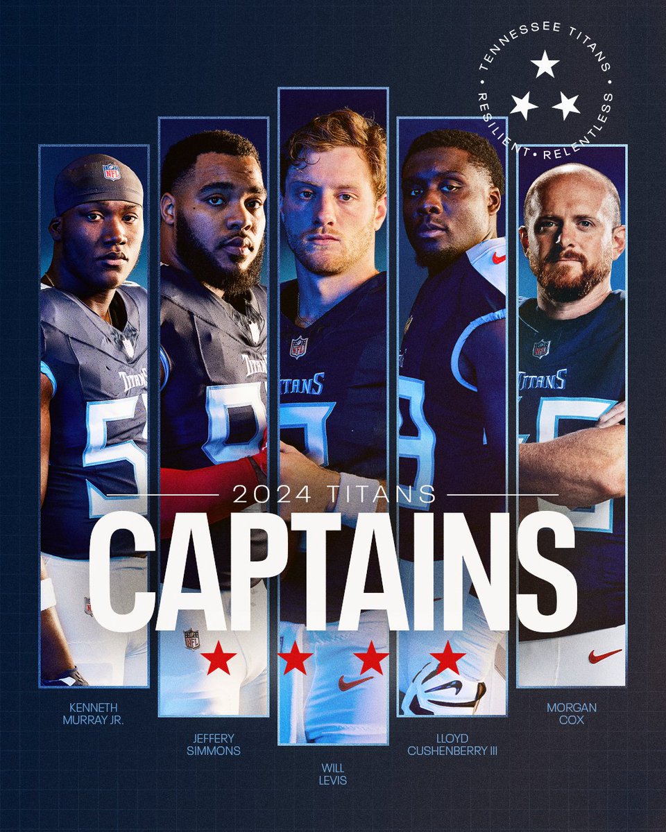 Tennessee Titans (@titans) on Twitter photo ⚔️ 2024 Titans Captains ⚔️
⭐️ <a href="/KennethMurray/">K9</a>
⭐️ <a href="/GrindSimmons94/">Jeffery Simmons</a>
⭐️ <a href="/will_levis/">Will Levis</a>
⭐️ <a href="/LCush79/">Lloyd Cushenberry</a>
⭐️ <a href="/morgancox46/">Morgan Cox</a> ⚔️ 2024 Titans Captains ⚔️
⭐️ <a href="/KennethMurray/">K9</a>
⭐️ <a href="/GrindSimmons94/">Jeffery Simmons</a>
⭐️ <a href="/will_levis/">Will Levis</a>
⭐️ <a href="/LCush79/">Lloyd Cushenberry</a>
⭐️ <a href="/morgancox46/">Morgan Cox</a>