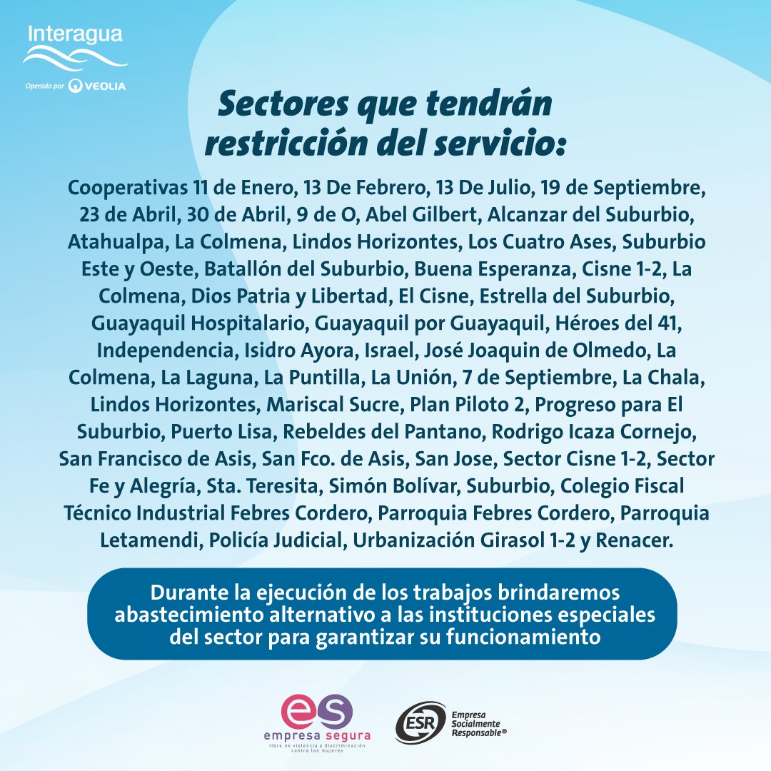 📢 ANUNCIO IMPORTANTE 

Seguimos trabajando para brindarles un servicio de calidad. Realizaremos importantes trabajos bajo el puente de la Av. Portete de Tarqui.💧

🚨 Desde las 03h00 hasta las 21h00 del sábado 31 de agosto.

➡️ Conoce los sectores afectados.