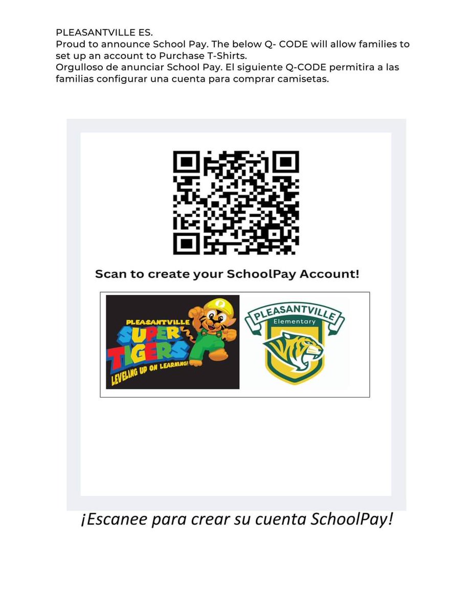 September is School Pride Month! What better way for your scholar to show their Tiger Pride by wearing a Pleasantville Elementary Spirit Shirt.

Scan the QR code or use link below to sign up for SchoolPay and get your Scholar(s) a Spirit Shirt today!

schoolpay.com/login/registra…